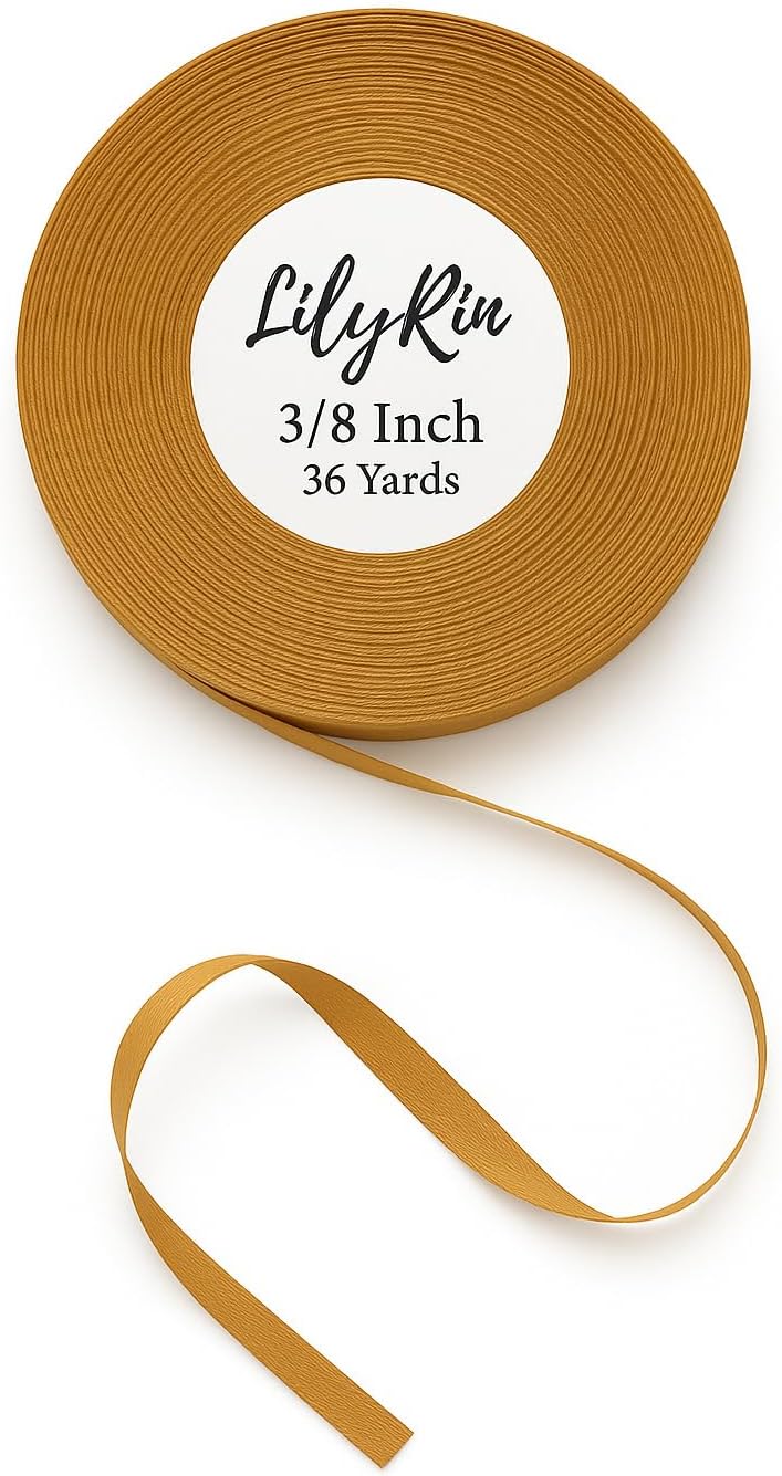 LilyRin Old Gold Satin Ribbon 3/8 Inch x 36 Yards Perfect for Scrapbooking Art Weddings Baby Showers Gift Wrapping Birthday Decorations Party Hair Bows Invitations Floral DIY Crafts Wreaths Holiday Projects - Image 1